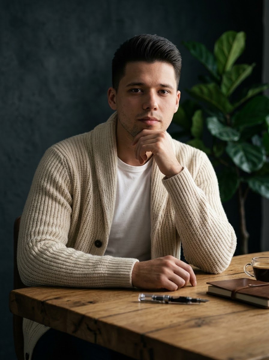 Oleksandr Mylovatskyi at a wooden desk